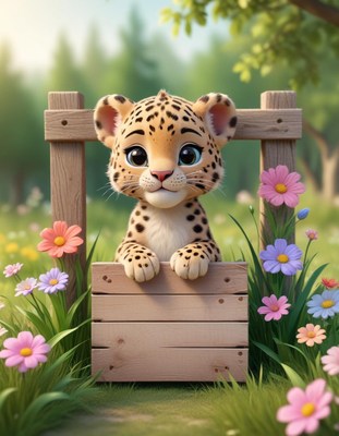 Leopard cub peeking over fence