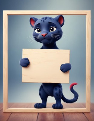 Blue panther holding sign in frame