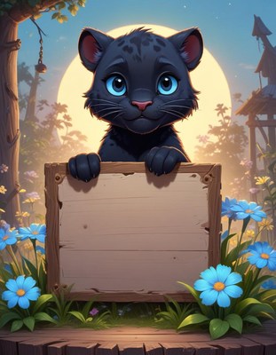 Black panther cub holding a blank sign