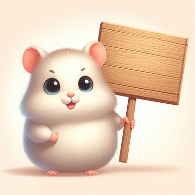 Smiling hamster holding wooden sign