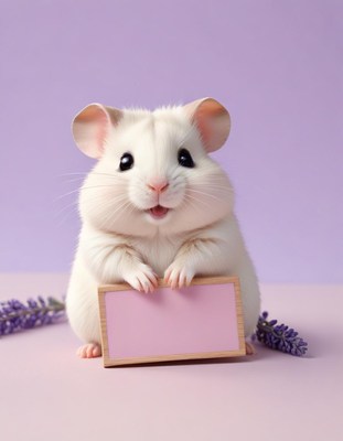 White hamster holding sign