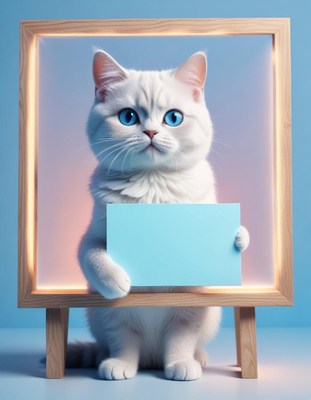 White cat holding blue sign in frame