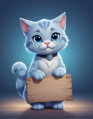 Blue kitten holding sign