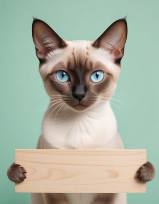 Siamese cat holding wooden sign