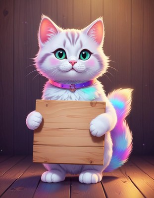 White kitten holding wooden sign