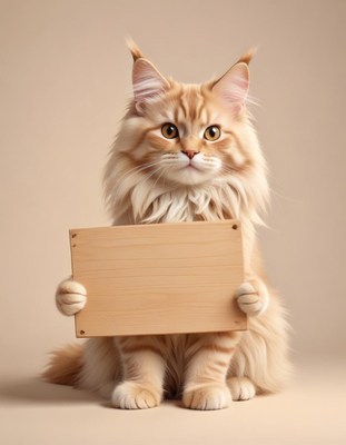 Maine coon cat holding wooden sign