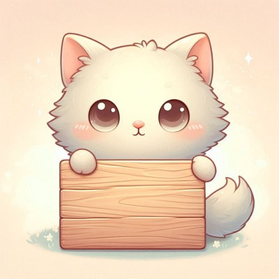 Cute white kitten holding wooden sign
