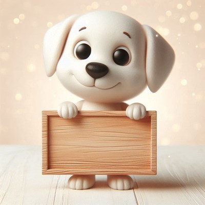 Cute dog holding wooden sign