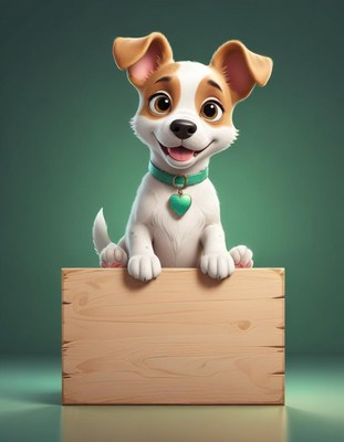 Smiling dog leans on wooden sign