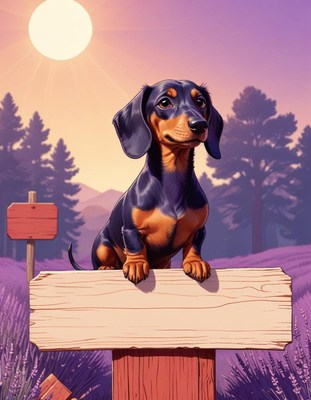 Dachshund on a signpost at sunset