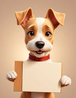 Smiling dog holding blank sign