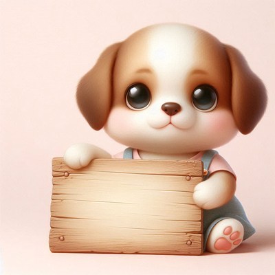Cute puppy holding wooden sign