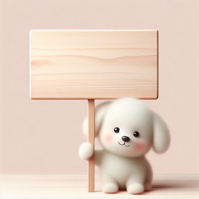 White puppy holding a wooden sign