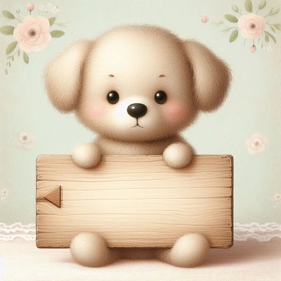 Cute puppy holding wooden sign