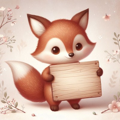 Cute fox holding wooden sign