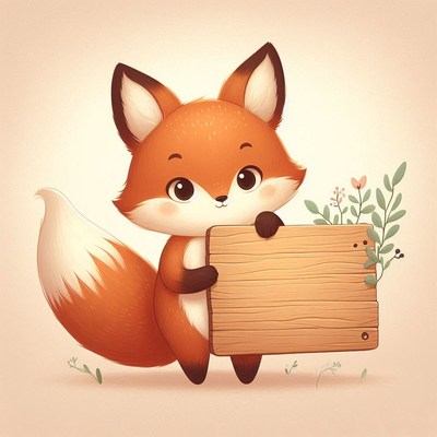 Cute fox holding wooden sign