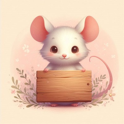 Cute white mouse holding wooden sign