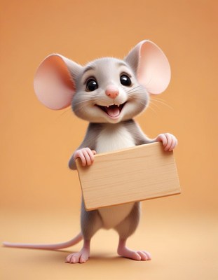 Smiling mouse holding sign
