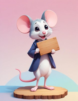 Smiling mouse holding sign