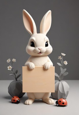 White rabbit holding blank sign