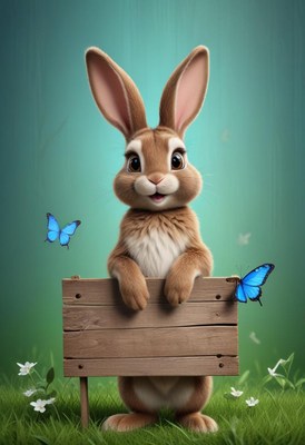 Bunny holding sign in grass