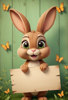 Smiling bunny holding sign