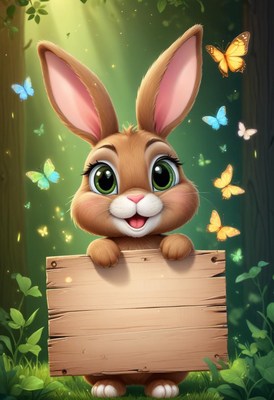 Bunny holding blank sign in forest