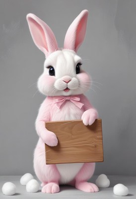 Pink bunny holding sign