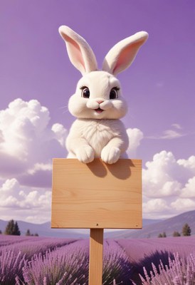 White rabbit holding a sign in lavender field