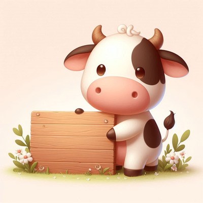 Cute cow holding wooden sign