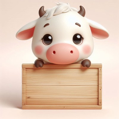 Cute cartoon cow holding wooden sign