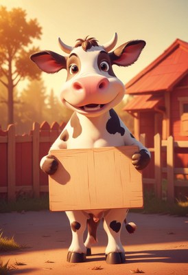 Cartoon cow holding sign on farm