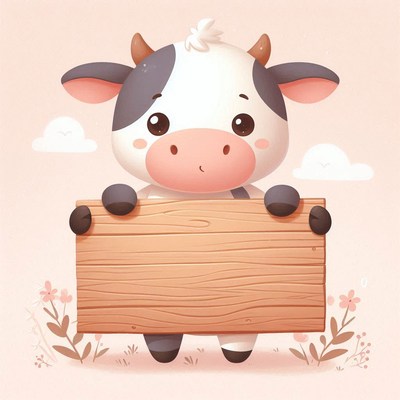 Cute cow holding wooden sign