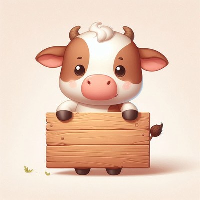 Cute cow holding a wooden sign