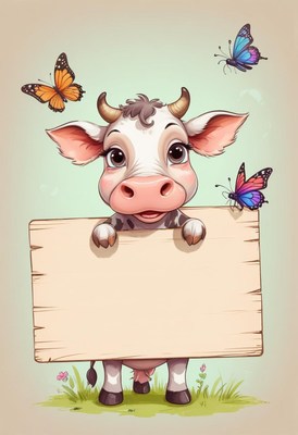Cute cow holding a sign