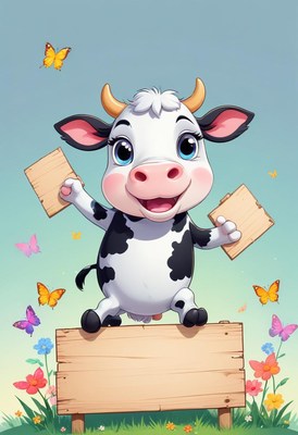 Smiling cow holding signs in meadow