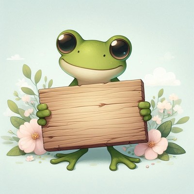 Smiling frog holding wooden sign
