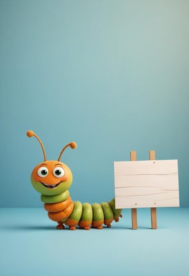Cartoon caterpillar holding blank sign