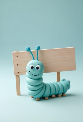 Blue caterpillar holding sign
