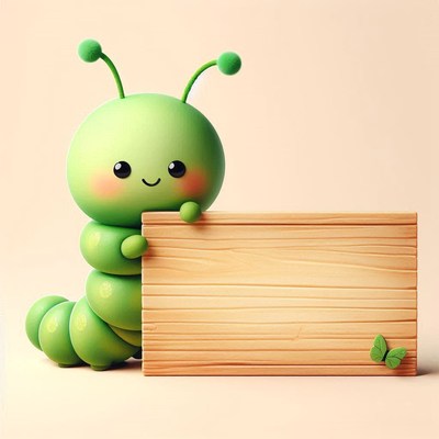 Smiling caterpillar holding wooden sign