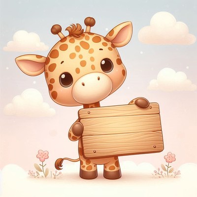 Cute giraffe holding wooden sign