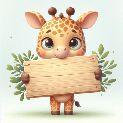 Cute giraffe holding wooden sign
