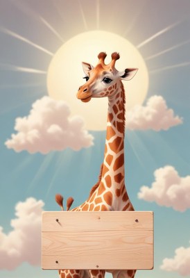 Giraffe holding wooden sign in sky