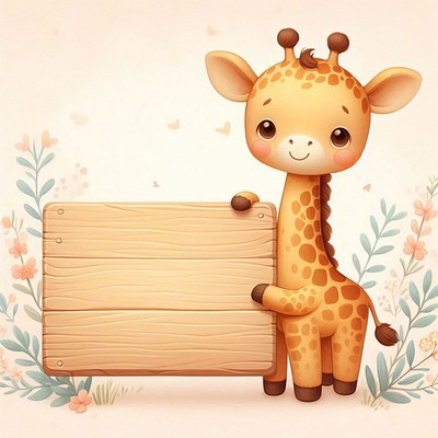 Cute giraffe holding wooden sign