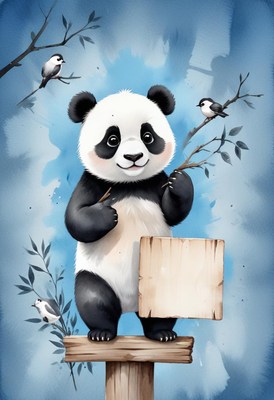 Panda holding sign with birds