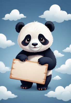 Panda holding blank sign in clouds