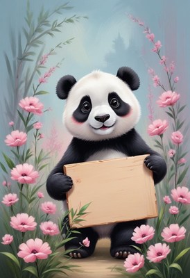 Panda holding sign in floral garden