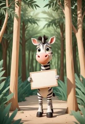 Cartoon zebra holding blank sign in forest