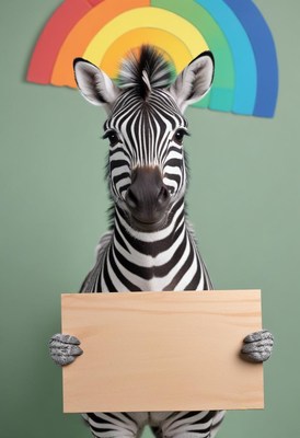 Zebra holding blank sign with rainbow