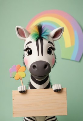 Zebra holding blank sign with rainbow